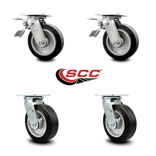 6 Inch Rubber on Aluminum Caster Set with Ball Bearing 2 Total Lock Brake SCC